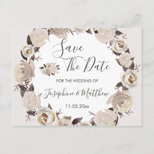 Cream Rose Floral Wreath Save the Date Announcement Postcard