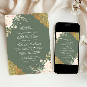 Cream Rose Gold Lace QR Code Green Muslim Wedding Invitation