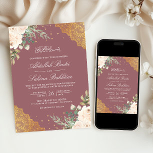 Cream Rose Gold Lace QR Code Pink Muslim Wedding Invitation
