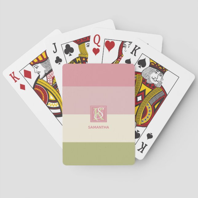 Cream Rose Green Colour Palette Stripes Monogram Playing Cards (Back)