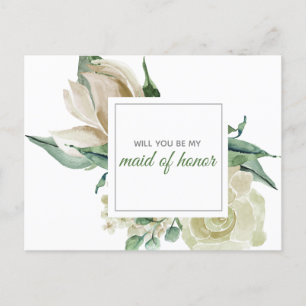 Cream Rose Green Floral Watercolor Maid of Honour Invitation Postcard