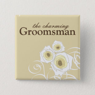 Cream Roses and Swirls Groomsman Wedding Button