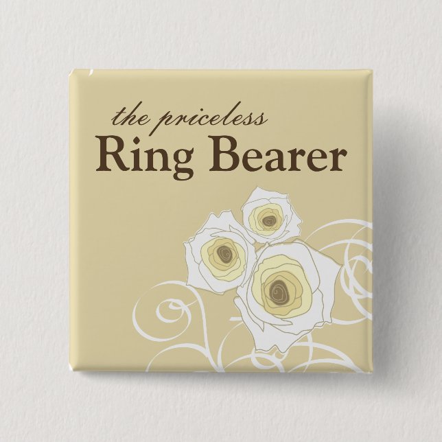 Cream Roses and Swirls Ring Bearer Wedding Button (Front)