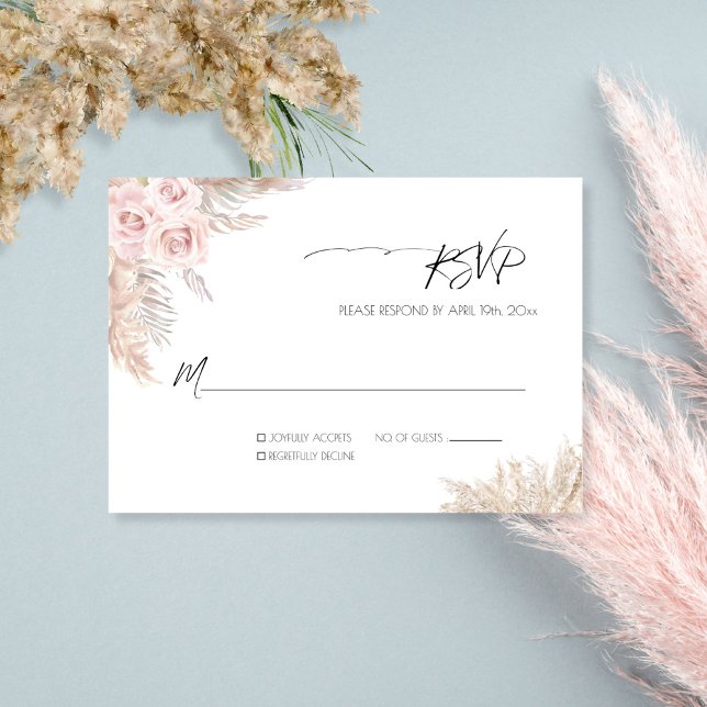 Cream Roses Botanical Pampas Grass Boho Wedding RSVP Card (Creator Uploaded)