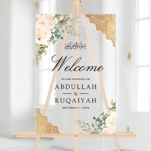 Cream Roses Gold Lace Muslim Wedding Welcome Acrylic Sign