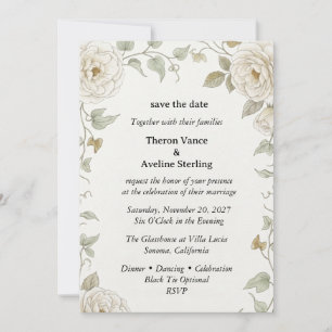 Cream Roses, Ivy Leaves, Watercolor Foliage, Botan Invitation