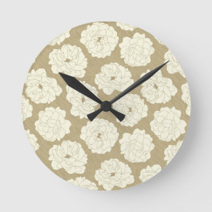 Cream Roses on Golden Beige - seamless pattern. Round Clock