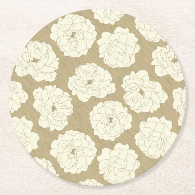 Cream Roses on Golden Beige - seamless pattern.   Round Paper Coaster (Front)