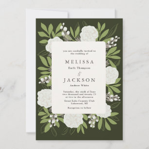 Cream Roses  on Green Wedding  Invitation