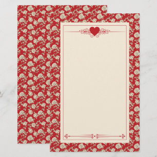 Cream Roses on Red Toile De Jouy Stationery