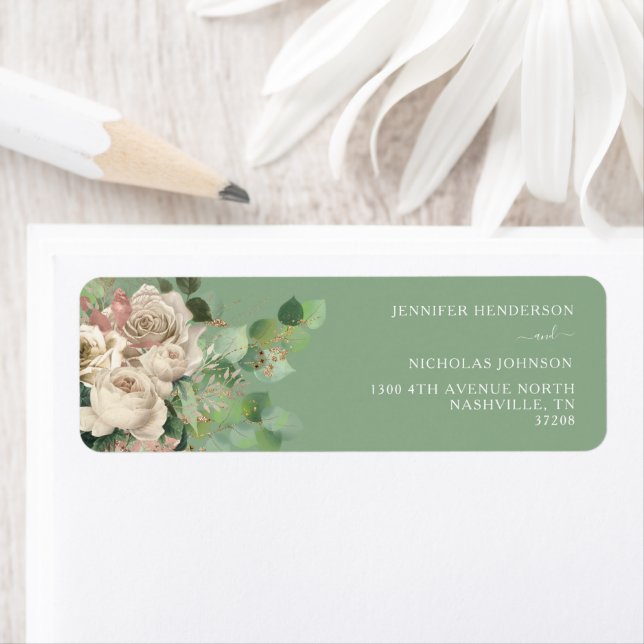 Cream Roses Peonies Eucalyptus Green Address Label (Insitu)