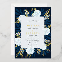 Cream Roses Wedding Blue Foil Invitation