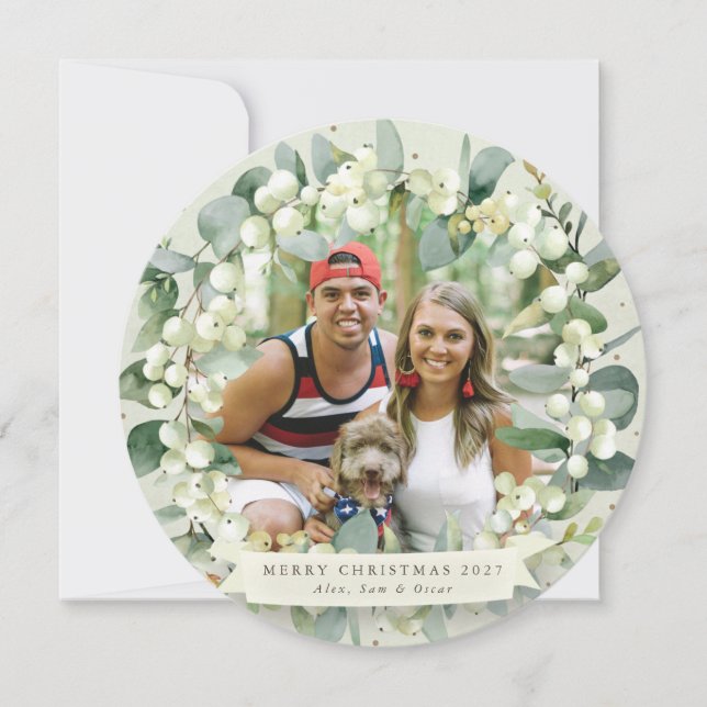 Cream Round Snowberry+Eucalyptus Christmas Wreath Holiday Card (Front)