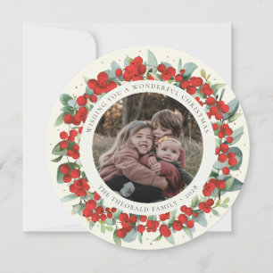 Cream Round/Square Red Berries+Eucalyptus Photo Holiday Card
