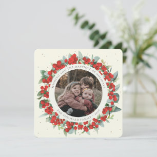 Cream Round/Square Red Berries+Eucalyptus Photo Holiday Card