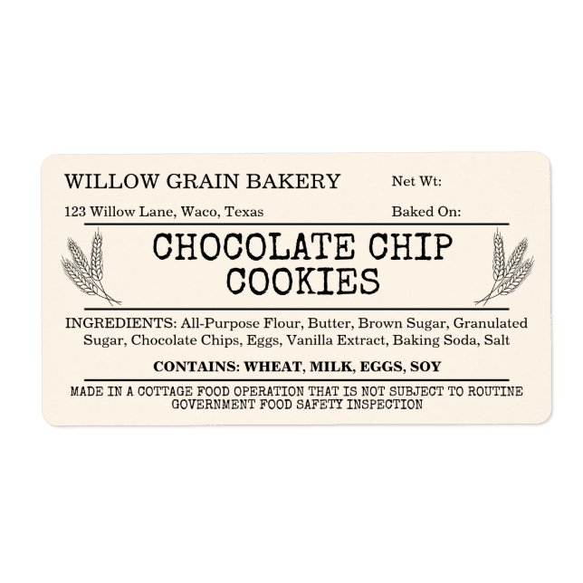 Cream Rustic Cottage Chocolate Chip Cookie Label (Front)