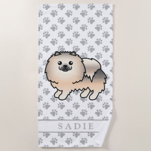 Cream Sable Pomeranian Cute Cartoon Dog & Name Beach Towel