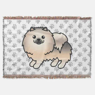 Cream Sable Pomeranian Cute Cartoon Dog & Paws Throw Blanket