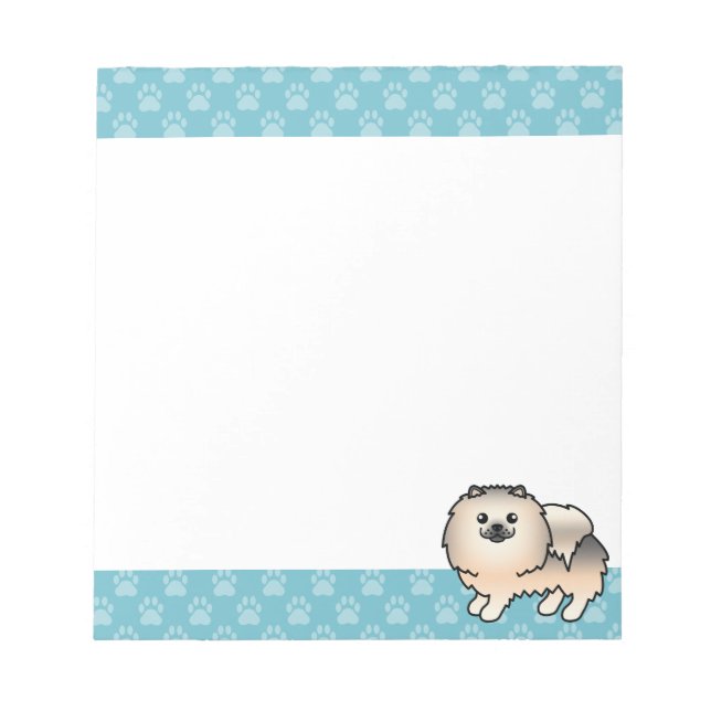 Cream Sable Pomeranian Dog And Blue Borders Notepad (Front)