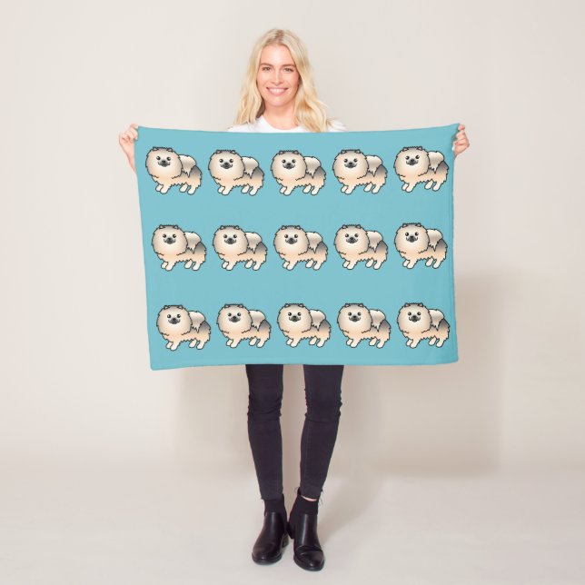 Cream Sable Pomeranian Dogs Pattern On Blue Fleece Blanket (In Situ)
