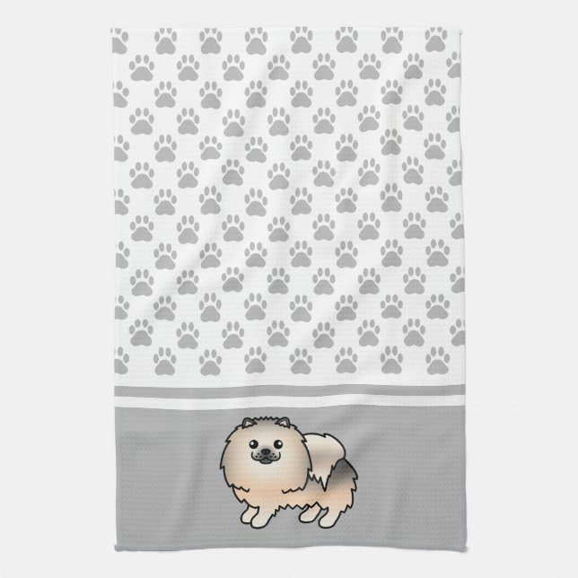 Cream Sable Pomeranian With Grey Paws Pattern Tea Towel (Vertical)