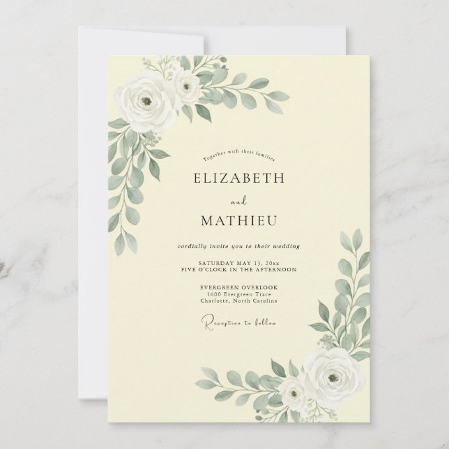 Cream Sage Leafy Wedding Invitation (Front)