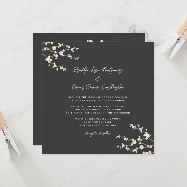 Cream Sakura Cherry Blossoms Coffee Asian Wedding Invitation (Front/Back In Situ)