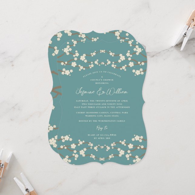 Cream Sakura Cherry Blossoms Teal Asian Wedding Invitation (Front/Back In Situ)