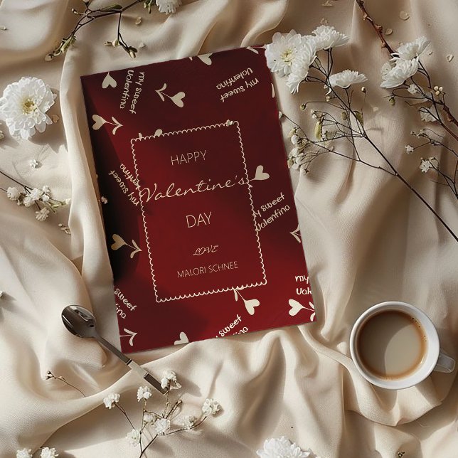 Cream Script Hearts on Burgundy– Valentine pattern Holiday Card (Creator Uploaded)