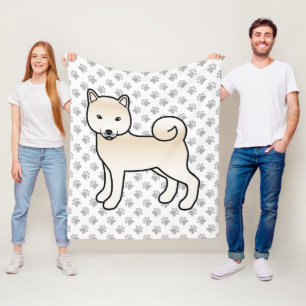 Cream Shiba Inu Cute Cartoon Dog And Paws Fleece Blanket