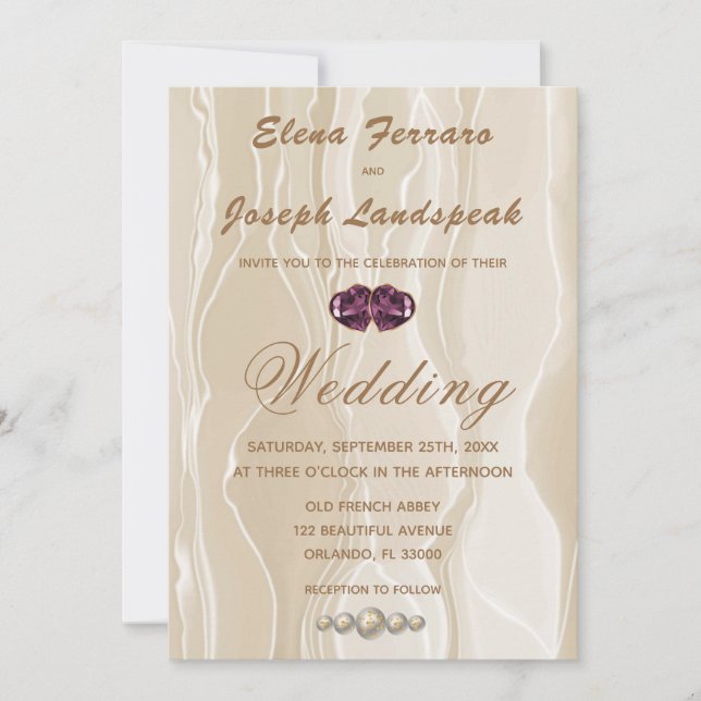 Cream Silk & Heart Gems Wedding Invitation (Front)