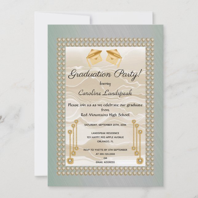 Cream Silk & Pearls Graduate Green Metallic Invitation (Front)