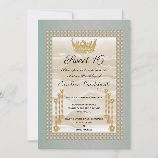 Cream Silk Sweet 16 Pearl Crown Green Metallic Invitation (Front)