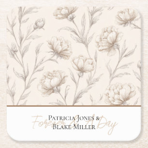 Cream Sketched Flowers Wedding Square Paper Coaster