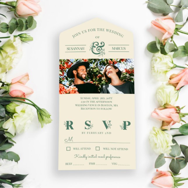 Cream Slate Green Floral Ampersand Photo Wedding All In One Invitation (Creator Uploaded)