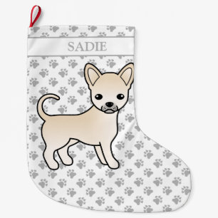 Cream Smooth Coat Chihuahua Cartoon Dog & Name Large Christmas Stocking