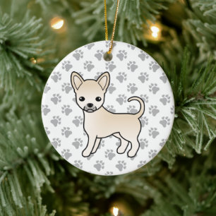 Cream Smooth Coat Chihuahua Cartoon Dog & Paws Ceramic Tree Decoration