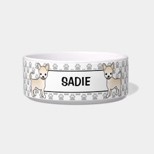 Cream Smooth Coat Chihuahua Dog With Name & Paws Bowl