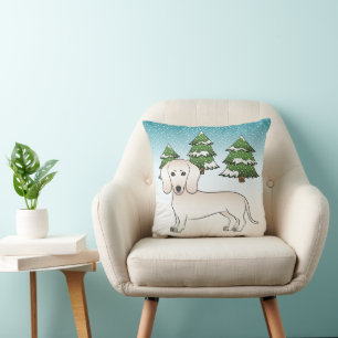 Cream Smooth Coat Dachshund Dog In Winter Forest Cushion
