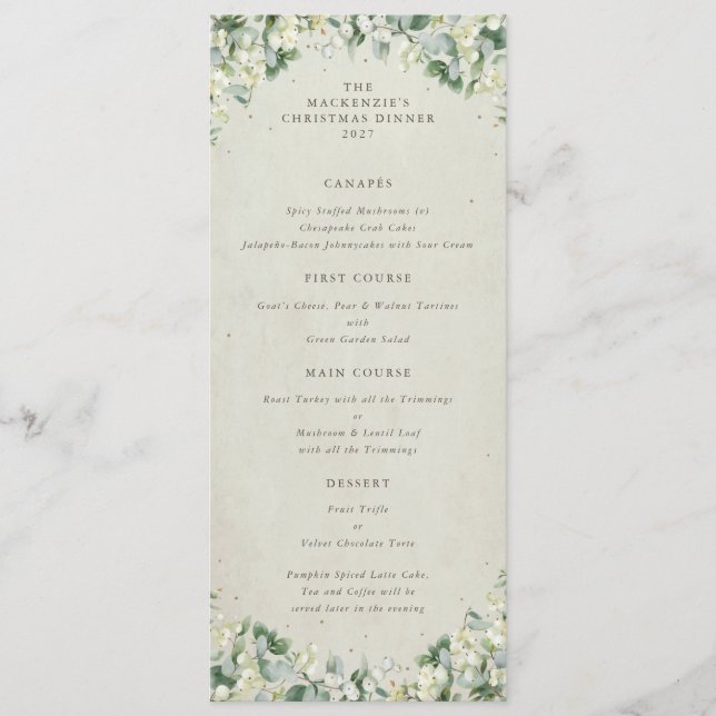 Cream Snowberry Christmas Dinner Flat 4 Course Menu (Front)