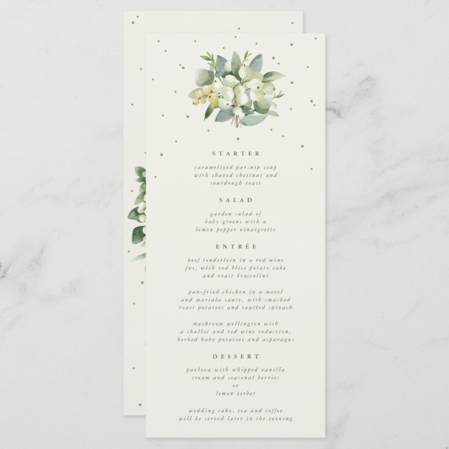 Cream Snowberry+Eucalyptus 4 Course Wedding Flat Menu (Front/Back)