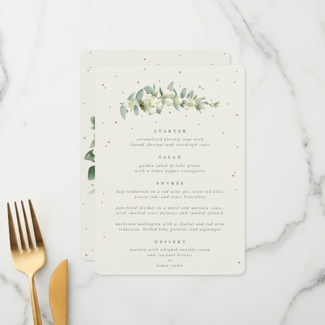 Cream Snowberry + Eucalyptus 4 Course Wedding Menu (Front/Back In Situ)