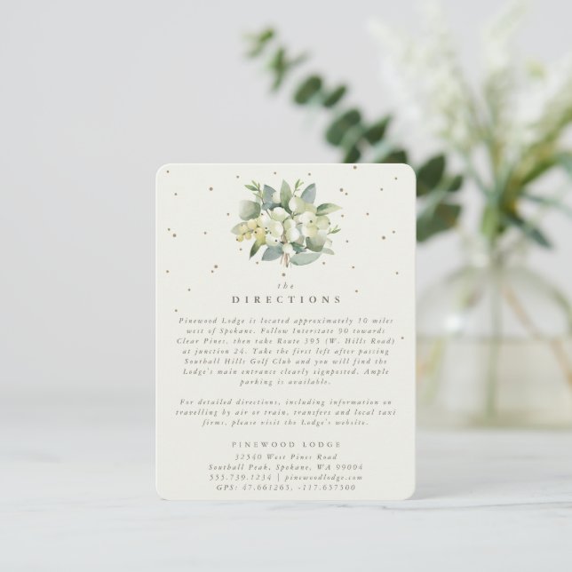 Cream Snowberry+Eucalyptus Bouquet Directions Enclosure Card (Standing Front)