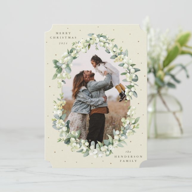 Cream Snowberry+Eucalyptus Christmas Photo Holiday Card (Standing Front)