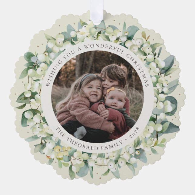 Cream Snowberry+Eucalyptus Christmas Wreath Photo  Tree Decoration Card (Front)