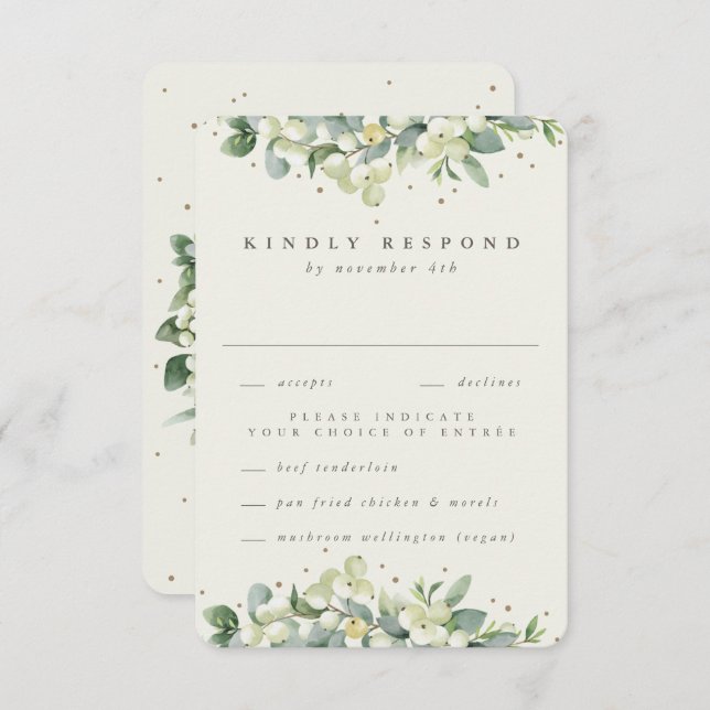 Cream Snowberry+Eucalyptus Edged Winter Wedding RSVP Card (Front/Back)