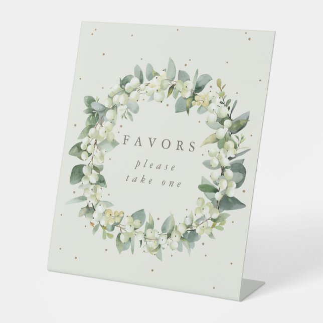 Cream Snowberry+Eucalyptus Wedding Favours Table Pedestal Sign (Front)