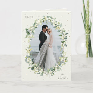 Cream Snowberry+Eucalyptus Wedding Photo Folded Thank You Card