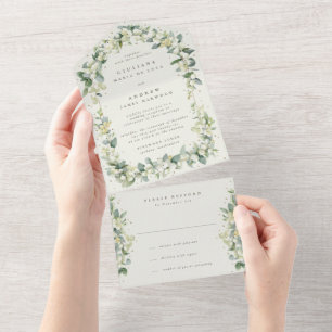 Cream Snowberry+Eucalyptus Wedding Reception Only All In One Invitation
