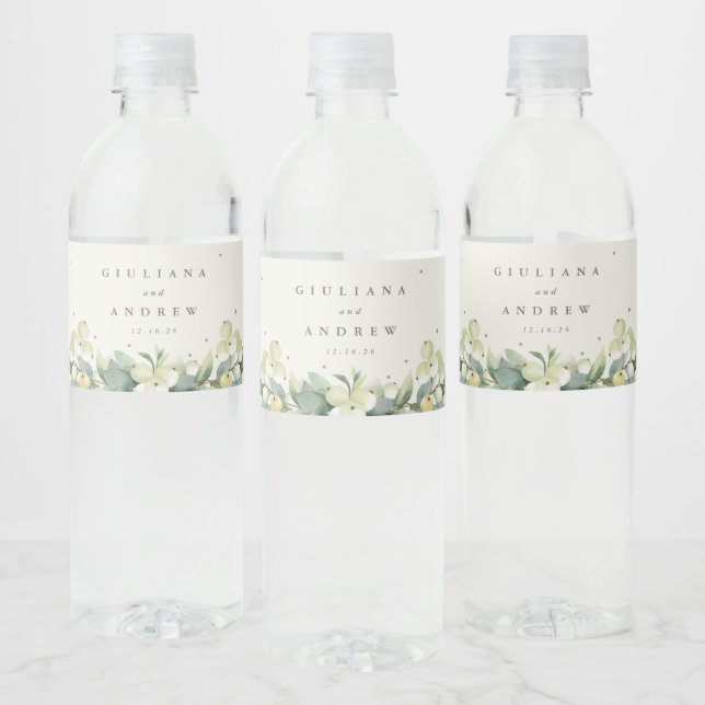 Cream Snowberry+Eucalyptus Winter Wedding Water Bottle Label (Bottles)